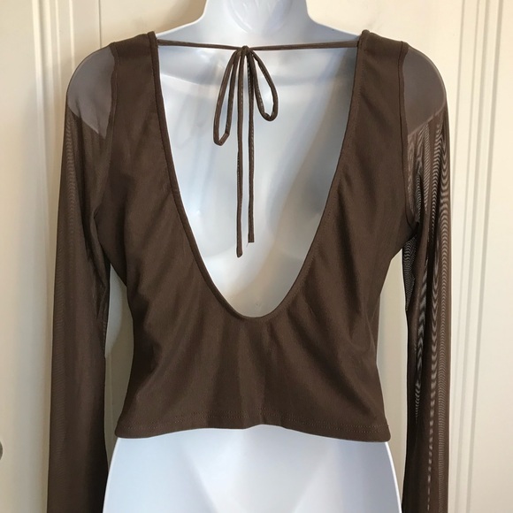 Princess Polly Women’s 10 Chocolate Brown Mesh LS Tie Back Crop Top NWOT - Picture 12 of 16